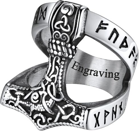 مجوهرات FaithHeart Norse Viking للرجال من الفولاذ المقاوم للصدأ الفايكنج ثور المطرقة/خاتم رأس الذئب فالكنوت المحارب المجوهرات القوطية - نقش شخصي in Kuwait