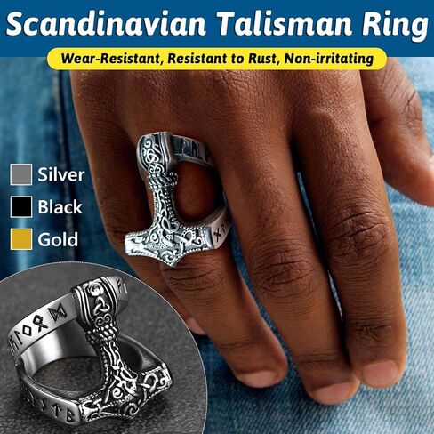مجوهرات FaithHeart Norse Viking للرجال من الفولاذ المقاوم للصدأ الفايكنج ثور المطرقة/خاتم رأس الذئب فالكنوت المحارب المجوهرات القوطية - نقش شخصي in Kuwait