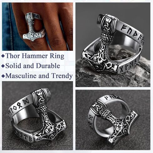 مجوهرات FaithHeart Norse Viking للرجال من الفولاذ المقاوم للصدأ الفايكنج ثور المطرقة/خاتم رأس الذئب فالكنوت المحارب المجوهرات القوطية - نقش شخصي in Kuwait