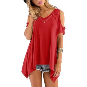 Beluring Womens Cold Shoulder Tops Summer Short Sleeve V Neck Casual Tunic Tee Shirts in Saudi Arabia