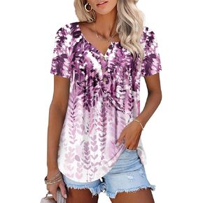 ONLYSHE Womens Summer Short Sleeve Shirts V Neck Tops Casual Tunic Floral Ruffle Blouse