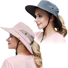 Muryobao 2 Pack Women Ponytail Summer Sun Hat UV Protection Wide Brim Foldable Safari Fishing Cap in Kuwait