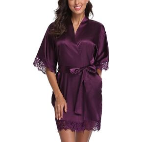 رداء نسائي من الساتان قصير مزين بالدانتيل رداء كيمونو لوصيفة العروس الاستعداد رداء لون نقي رداء حمام حريري ملابس نوم in Kuwait
