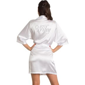 Zynotti Womens Satin Wifey Robe with Dazzling Rhinestones for Bride and Bridal Satin Kimono robes for Wedding day in Saudi Arabia