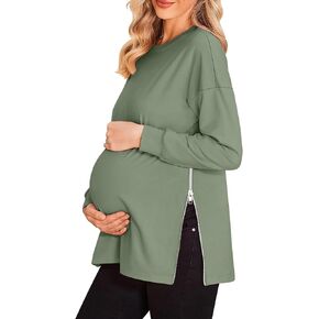 Women's Maternity Shirts Long Sleeve Sweatshirt Zipper Split Side Pregnancy Casual Tunic Top