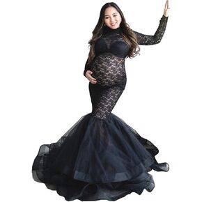 ZIUMUDY Elegant Lace See-Through Maternity Gown for Photo Shoot Long Sleeve Tulle Tutus Maxi Photo Props Dress in Saudi Arabia