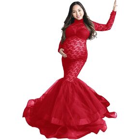 ZIUMUDY Elegant Lace See-Through Maternity Gown for Photo Shoot Long Sleeve Tulle Tutus Maxi Photo Props Dress in Kuwait