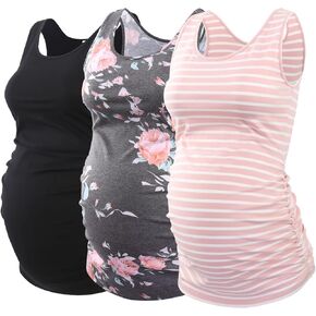 Ecavus 3 Pack Maternity Tank Tops Side Ruched Pregnancy Shirts for Women | Soft Stretch Fabric, Stretch & Breathable, Full Belly Coverage, U-Neck Design, Pregnancy & Postpartum Essential in Kuwait