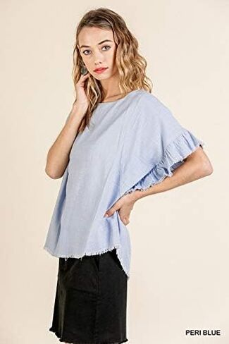 Umgee Women's Ruffle Sleeve Frayed Hem Top in Saudi Arabia