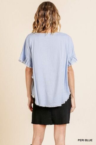 Umgee Women's Ruffle Sleeve Frayed Hem Top in Saudi Arabia