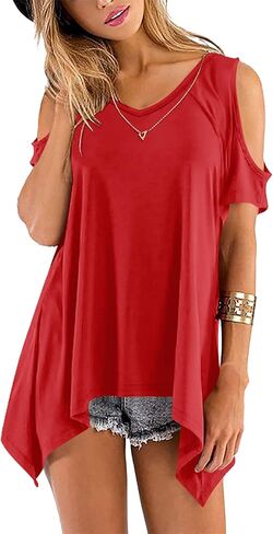 Beluring Womens Cold Shoulder Tops Summer Short Sleeve V Neck Casual Tunic Tee Shirts in Kuwait