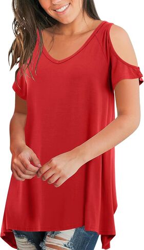Beluring Womens Cold Shoulder Tops Summer Short Sleeve V Neck Casual Tunic Tee Shirts in Kuwait