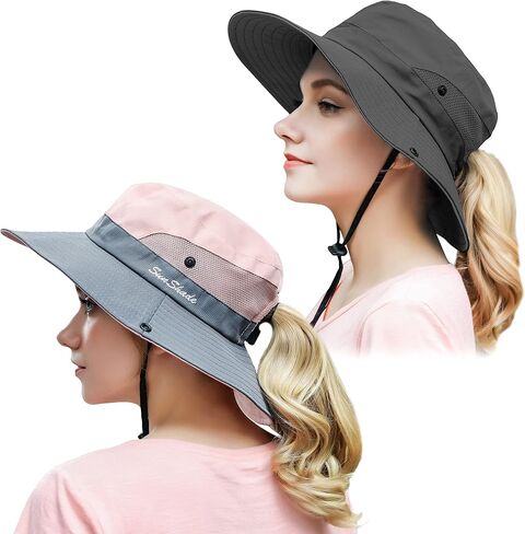 Muryobao 2 Pack Women Ponytail Summer Sun Hat UV Protection Wide Brim Foldable Safari Fishing Cap in Kuwait