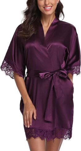 رداء نسائي من الساتان قصير مزين بالدانتيل رداء كيمونو لوصيفة العروس الاستعداد رداء لون نقي رداء حمام حريري ملابس نوم in Kuwait