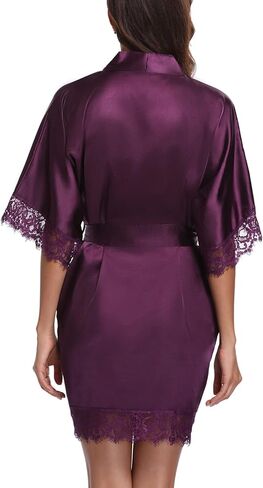 رداء نسائي من الساتان قصير مزين بالدانتيل رداء كيمونو لوصيفة العروس الاستعداد رداء لون نقي رداء حمام حريري ملابس نوم in Kuwait