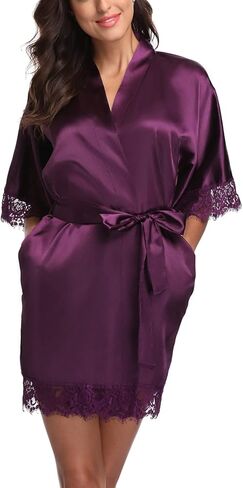 رداء نسائي من الساتان قصير مزين بالدانتيل رداء كيمونو لوصيفة العروس الاستعداد رداء لون نقي رداء حمام حريري ملابس نوم in Kuwait