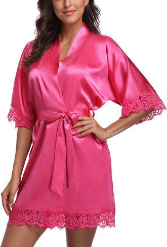 Women's Satin Robes Short Lace Trim Kimono Robe Bride Bridesmaid Getting Ready Robe Pure Color Bathrobe Silky Sleepwear in Saudi Arabia