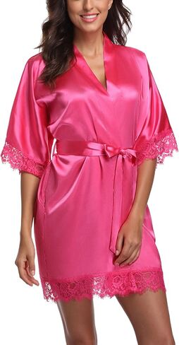 Women's Satin Robes Short Lace Trim Kimono Robe Bride Bridesmaid Getting Ready Robe Pure Color Bathrobe Silky Sleepwear in Saudi Arabia