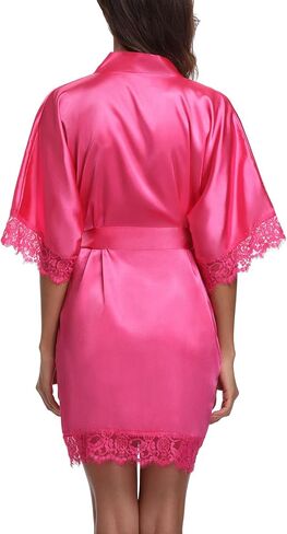 Women's Satin Robes Short Lace Trim Kimono Robe Bride Bridesmaid Getting Ready Robe Pure Color Bathrobe Silky Sleepwear in Saudi Arabia