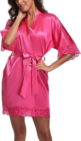 Women's Satin Robes Short Lace Trim Kimono Robe Bride Bridesmaid Getting Ready Robe Pure Color Bathrobe Silky Sleepwear in Saudi Arabia