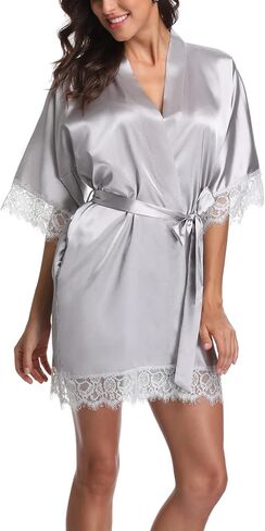 Women's Satin Robes Short Lace Trim Kimono Robe Bride Bridesmaid Getting Ready Robe Pure Color Bathrobe Silky Sleepwear in Saudi Arabia