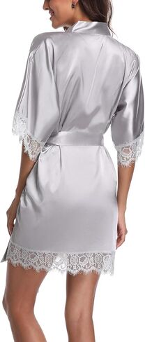 Women's Satin Robes Short Lace Trim Kimono Robe Bride Bridesmaid Getting Ready Robe Pure Color Bathrobe Silky Sleepwear in Saudi Arabia