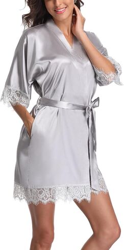 Women's Satin Robes Short Lace Trim Kimono Robe Bride Bridesmaid Getting Ready Robe Pure Color Bathrobe Silky Sleepwear in Saudi Arabia