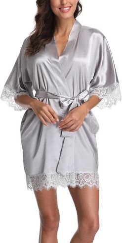 Women's Satin Robes Short Lace Trim Kimono Robe Bride Bridesmaid Getting Ready Robe Pure Color Bathrobe Silky Sleepwear in Saudi Arabia