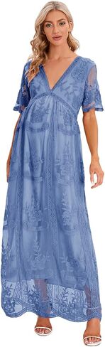 ZIUMUDY Maternity Floral Lace V Neck Wedding Dress Short Sleeve Maternity Long Dress for Photoshoot Baby Shower in Saudi Arabia