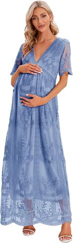 ZIUMUDY Maternity Floral Lace V Neck Wedding Dress Short Sleeve Maternity Long Dress for Photoshoot Baby Shower in Saudi Arabia