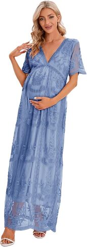 ZIUMUDY Maternity Floral Lace V Neck Wedding Dress Short Sleeve Maternity Long Dress for Photoshoot Baby Shower in Saudi Arabia