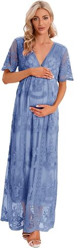 ZIUMUDY Maternity Floral Lace V Neck Wedding Dress Short Sleeve Maternity Long Dress for Photoshoot Baby Shower in Saudi Arabia