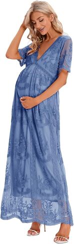 ZIUMUDY Maternity Floral Lace V Neck Wedding Dress Short Sleeve Maternity Long Dress for Photoshoot Baby Shower in Saudi Arabia