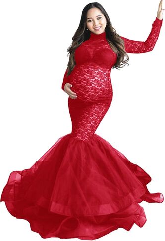 ZIUMUDY Elegant Lace See-Through Maternity Gown for Photo Shoot Long Sleeve Tulle Tutus Maxi Photo Props Dress in Kuwait