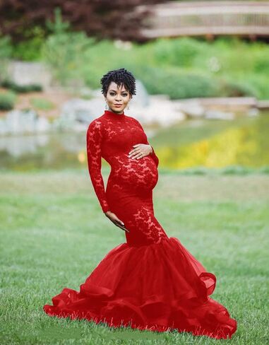 ZIUMUDY Elegant Lace See-Through Maternity Gown for Photo Shoot Long Sleeve Tulle Tutus Maxi Photo Props Dress in Kuwait