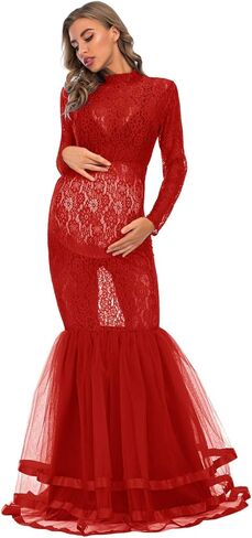 ZIUMUDY Elegant Lace See-Through Maternity Gown for Photo Shoot Long Sleeve Tulle Tutus Maxi Photo Props Dress in Kuwait