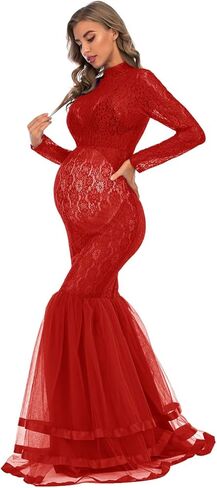 ZIUMUDY Elegant Lace See-Through Maternity Gown for Photo Shoot Long Sleeve Tulle Tutus Maxi Photo Props Dress in Kuwait