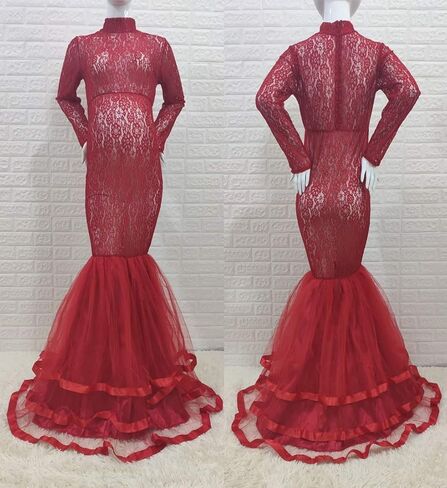 ZIUMUDY Elegant Lace See-Through Maternity Gown for Photo Shoot Long Sleeve Tulle Tutus Maxi Photo Props Dress in Kuwait