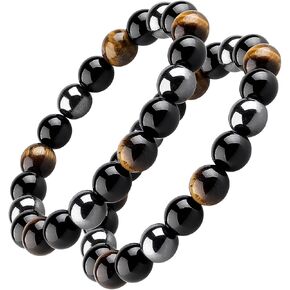 HOZEAL Triple Protection Bracelet, Black Obsidian Tiger Eye Stone Hematite Wealth Bracelets for Men Women for Bring Luck and Prosperity, Beaded Buddha Healing Crystals Rope Stretch Bracelet