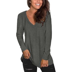 Tobrief Women's Long Sleeve V-Neck Shirts Loose Casual Tee T-Shirt with Pocket