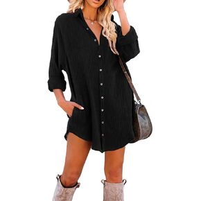 Dokotoo Women's Corduroy Long Sleeve Button Down Shirts Tunic Dresses with Pockets
