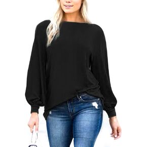 PESION Womens Casual Bishop Sleeve Blouse Boat Neck T-Shirts Tunic Tops