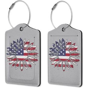 2 Pack American Flag Sunflowers Luggage Tag for Suitcases,Luggage Tags PU Leather Bag Travel Suitcase ID Identifier Baggage Tags for Women Men Travel