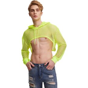 WDIRARA Men's Drawstring Fishnet Mesh Long Sleeve Hoodie Crop Top Pullovers in Saudi Arabia