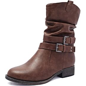 Ataiwee Women's Mid-Calf Cowboy Cowgirl Boots with Low Chunky Heel, Side Zipper, Motorcycle Style, Classic Round Toe,Fashion Western (Black/Dark Brown/Grey) Boots. in Kuwait