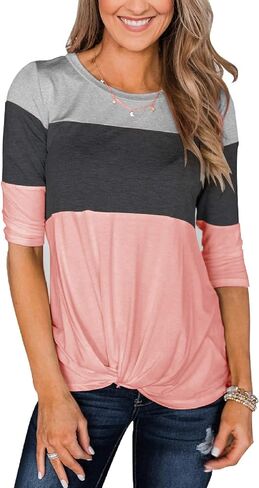 Minthunter Women's Half Sleeve T Shirts Casual Color Block Round Neck Spring Tops in Kuwait