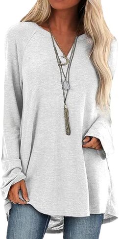 ORANDESIGNE Womens V Neck Sweatshirt Solid Color Long Fit Pullover Shirts Loose Long Sleeve Tunic Tops in Saudi Arabia