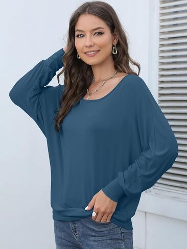 قمصان Lyrur Dolman سادة بأكمام طويلة للنساء كاجوال للخريف برقبة قارب وبلوزة علوية أساسية فضفاضة in Kuwait
