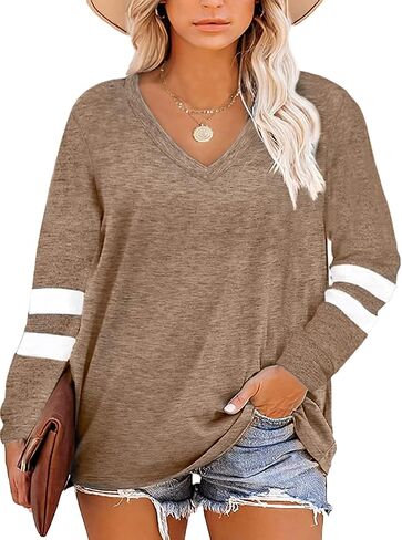 Gloria&Sarah Womens Plus Size Tops V Neck T Shirt Color Block Long Sleeve Casual Tunic Tops in Kuwait