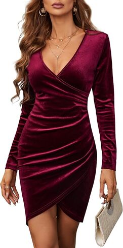 JECEIKA Velvet Dress for Women Wrap V Neck Long Sleeve Ruched Midi Dresses for Cocktail Evening Party in Kuwait